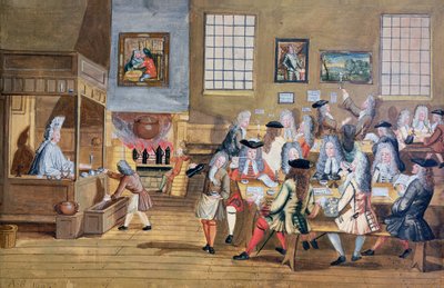 Innenansicht eines Londoner Kaffeehauses, ca. 1650-1750 von School English