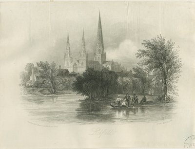 Lichfield Cathedral - Südwestansicht: Gravur (vignettierte), nd [ca. 1842] (Druck) von School English