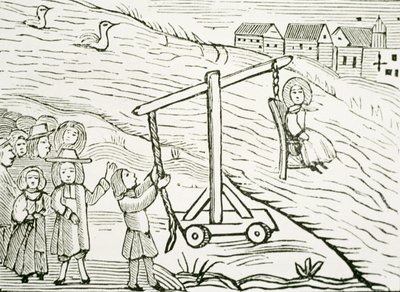 Frau auf einem Tauchstuhl, der Hexerei beschuldigt, Illustration aus einer Sammlung von Heftchen über Esoterik von School English