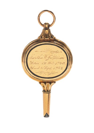 Memento Mori gravierter Uhrenschlüssel, mit Haarlocke von Martha Wayles Jefferson, Französisch oder Englisch, spätes 18. - frühes 19. Jahrhundert von School European