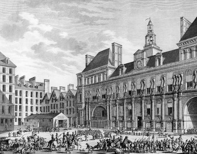 Angriff auf das Rathaus am 29. Juli 1794 in Paris durch die Truppen der Konvention. Paris, Bibliothek des Instituts für Revolutionsgeschichte von School French
