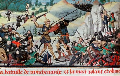 Tod des Ritters Roland, Neffe Karls des Großen, in der Schlacht von Roncevaux (778) zwischen der Armee Karls des Großen und den Sarazenen. Miniatur. Paris B.N. von School French