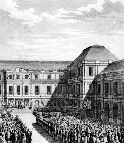 Fest gegeben von Napoleon I. Bonaparte (1769-1821) im Palais national du Directoire (Palais du Luxembourg) in Paris nach dem Vertrag von Campo Formio am 20. Frimaire Jahr VI (10. Dezember 1797). Paris, Bibliothek des Instituts für Revolutionsgeschichte von School French