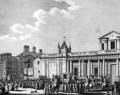 Französische Revolution: Überführung der königlichen Familie (Louis XVI, Marie Antoinette, der Dauphin Louis Charles de France oder Louis XVII und Marie Therese, bekannt als „Madame Royale“) ins Temple-Gefängnis in Paris am 13. August von School French