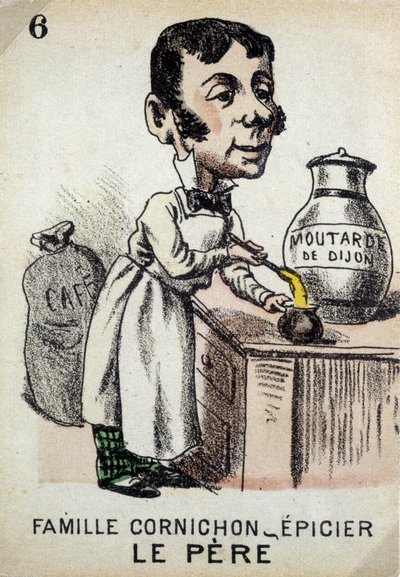 Spiel der sieben Familien: Der Vater der Familie Cornichon bereitet Dijon-Senf zu. Musée de la Carte à Jouer, Issy-les-Moulineaux von School French