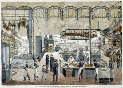 Große Restaurants in Paris: die neuen Küchen des Cafés Riche, gegründet 1785, erweitert 1865. von School French