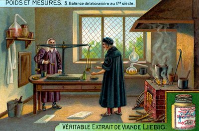 Laborwaagen im 17. Jahrhundert, Liebig-Karte (Druck) von School French