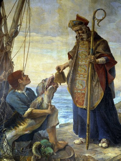 St. Pol de Leon erhält durch einen Fisch auf der Insel Batz die Glocke, die ihm König Mark in Ouessant verweigert hatte, um 530 - Gemälde der Kirche von Morlaix von School French