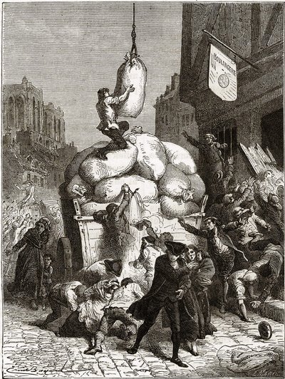 Der Mehlkrieg: Plünderung von Bäckereien in Paris, um 1775 (erste Früchte der Französischen Revolution) von School French