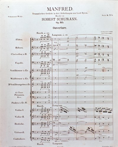Notenblatt der Eröffnung von "Manfred" (Opus 115) von dem deutschen Komponisten Robert Schumann von School German