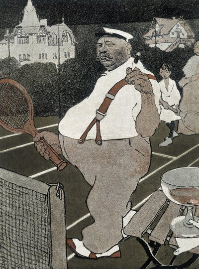 Tennis: dicker Mann, rauchend und Alkohol trinkend, spielt Tennis - deutsche Karikatur von School German
