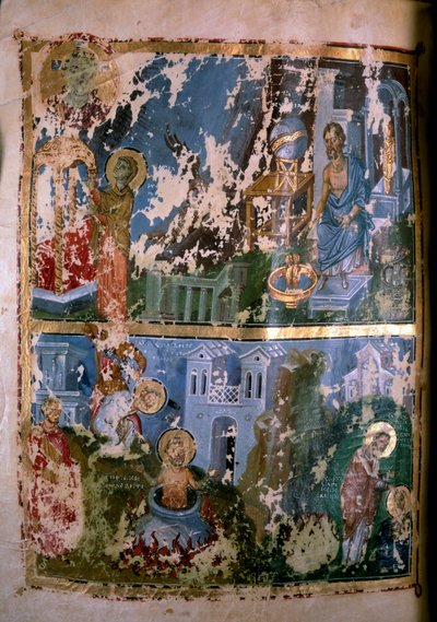 Szenen aus dem Leben des heiligen Cyprian. Miniatur in „Homelies. Orationes“ von Gregor von Nazianz (328-390), 879-882. Griechisches Manuskript von School Greek