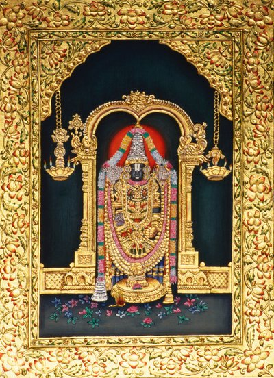Gott Tirupati Balaji in Miniaturmalerei auf Papier mit Goldprägung von School Indian