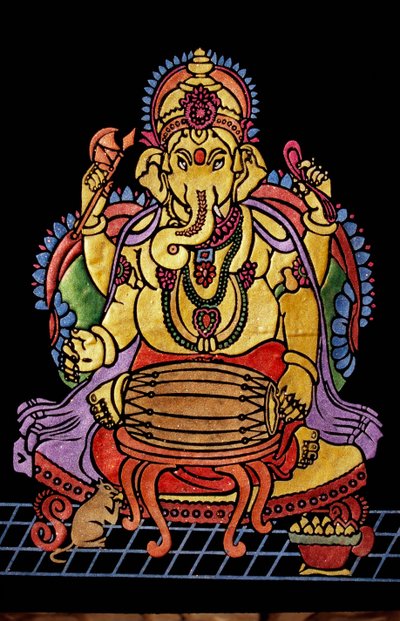 Lord Ganesha Ganpati spielt ein Musikinstrument, Stickarbeit von School Indian