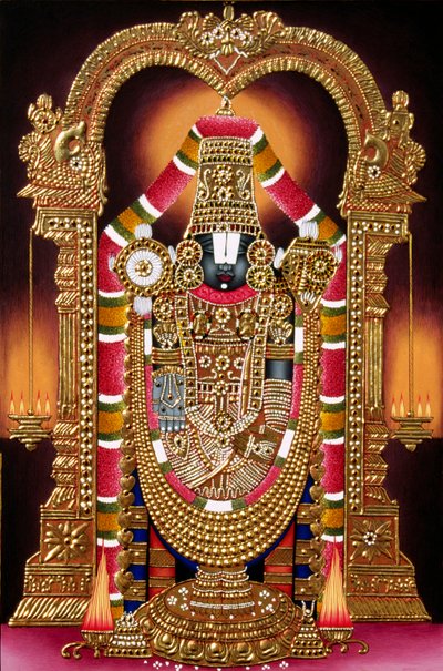 Lord Thirupati Balaji Miniaturmalerei auf Papier mit Goldprägung von School Indian