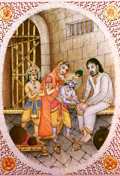Miniatur-Elfenbeinmalerei von Krishna Balram und Devaki Vasudeva von School Indian