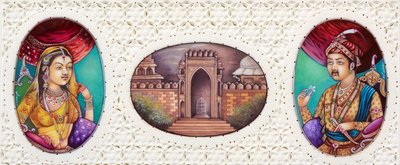 Miniaturmalerei von Mogulkaiser Akbar mit Ehefrau Jodha Bai von School Indian