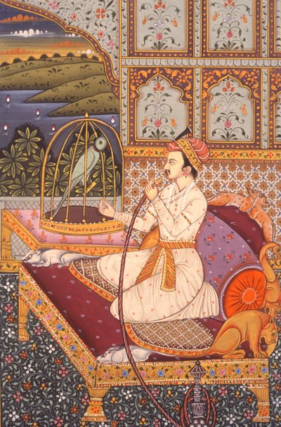 Miniaturmalerei eines Mogulprinzen, der Hooka genießt, Indien von School Indian