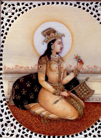 Miniaturmalerei auf Elfenbein von Prinzessin Mumtaz Mahal, Ehefrau des Mogulkaisers Shah Jahan von School Indian