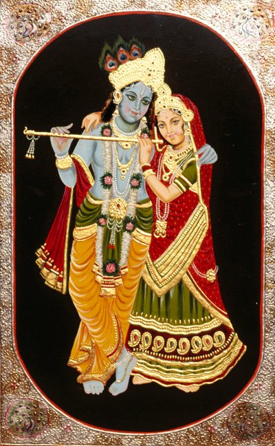 Malerei von Gott Krishna & seiner größten Verehrerin Radha, Indien von School Indian