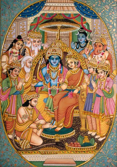 Ram-Darbar mit anderen Göttern Miniaturmalerei auf Papier von School Indian