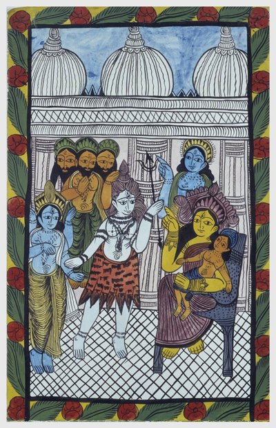 Die Götter kommen, um Krishna zu bewundern, verkörpert im Körper eines schönen Kindes, Ganesha (Ganesh oder Ganapati) sitzt auf den Knien seiner Mutter Parvati. Pat: bemalte Rolle aus der Region Bengalen, dient als Erzählmedium für Sänger Baoul (Baul). Leo von School Indian