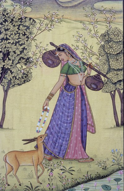 Frau mit Rudra Veena und Blumengirlande Miniaturmalerei, Indien von School Indian