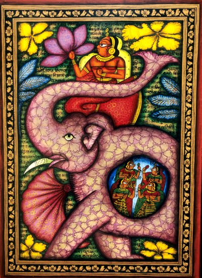 Frau sitzt auf Elefant und hält Blume, Miniaturmalerei, Indien von School Indian