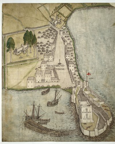 Das Schloss und die Stadt Carrickfergus, Irland, um 1560 von School Irish