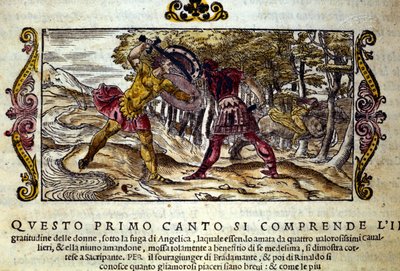 Darstellung des Kampfes zwischen Ferragus und Renaud, beide verliebt in die schöne Angelica. Szene aus dem Rittergedicht „Orlando Furioso“ (Der rasende Roland) von Ludovico Ariosto (1474-1533) von School Italian