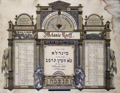 Gedenkkalender für zukünftige Bestattungsdienste eines verstorbenen nahen Verwandten. Jahrzeit-Gemälde. Jüdisches Museum Basel, Schweiz. von School Jewish