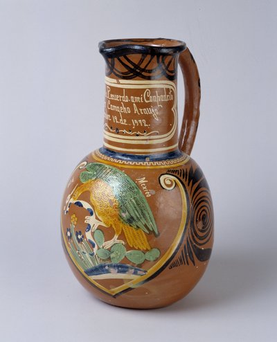 Volkskunst: Pulque-Krug (fermentierter Agavenalkohol) in bemalter und lackierter Terrakotta, aus Mexiko. 1972 Musée de la Vallée, Barcelonnette (Alpes de Haute Provence) von School Mexican