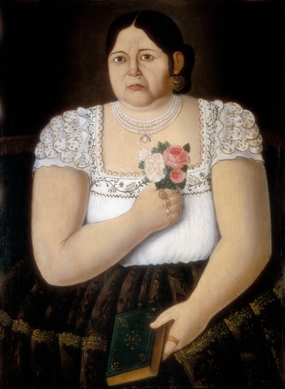 Porträt einer einheimischen Puebla-Frau mit einem Rosenstrauß von School Mexican