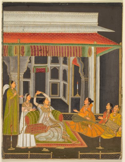 Eine Prinzessin auf einer Terrasse mit Begleitern bei Nacht (recto); Kalligraphie (verso), um 1760 von School Mughal
