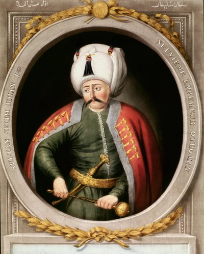 Osmanisches Reich: Porträt des neunten osmanischen Sultans Selim I., genannt der Schreckliche oder der Grausame (1470-1520). Miniatur. Topkapi Sarayi Istanbul Bibliothek von School Ottoman