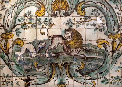 Hund bedroht einen Löwen (Detail) von School Portuguese