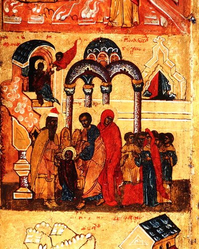 Ikone, die die Kindheit der Jungfrau und ihre Weihe an Gott zeigt, ca. 1550 (Detail) von School Russian