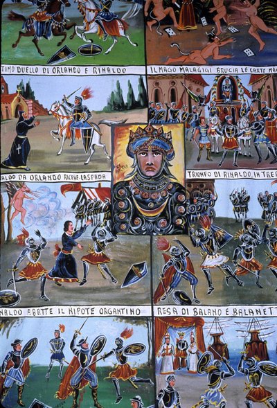 Ein Puppentheaterdekor namens Puppi, das zu einer sizilianischen Tradition gehört, die bis in die Antike zurückreicht und die Geschichte von Invasionen und normannischen Eroberungen erzählt. Palermo, Sizilien, Italien. von School Sicilian