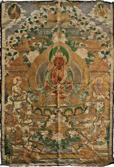 Amitabha (Buddha des Reinen Landes) - Tibetische Malerei, Pigmente und Gold auf Stoff, Ende des 19. Jahrhunderts, 74x51 cm - (Amitayus Buddha Thangka, tibetische Kultur, Pigmente und Gold auf Textil, Ende des 19. Jahrhunderts) - Private Sammlung von School Tibetan