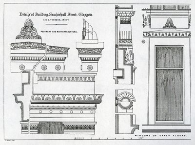 Architektonische Details der griechischen Kammern, 336-356 Sauchiehall Street, Glasgow, entworfen von Alexander Greek Thomson, 1869 von Scottish School