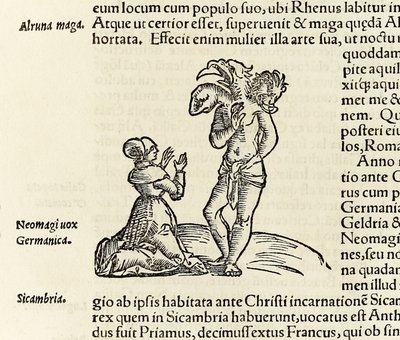 Eine Hexe beschwört einen dreiköpfigen Dämon, aus der Ausgabe von 1550 der 
