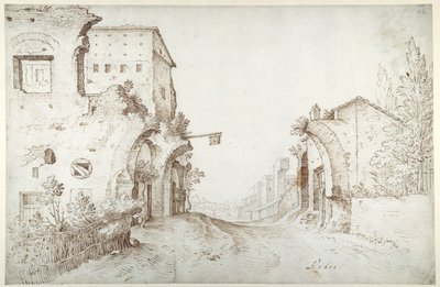 Gasthaus am Straßenrand zwischen den Ruinen eines Aquädukts von Sebastian Vrancx