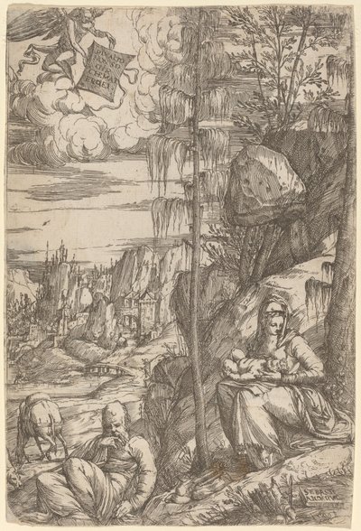 Landschaft mit Rast auf der Flucht nach Ägypten von Sebastiano de Valentinis
