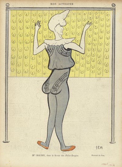 Louise Balthy, französische Schauspielerin, im Folies-Bergère, Illustration für Le Rire von Sem