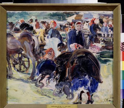 Ein Jahrmarkt. Marktplatz in der Provinz mit Bäuerinnen und Händlern. Gemälde von Semjon Gawrilowitsch Nikiforow (1877-1912), Öl auf Leinwand von Semen Gavriilovich Nikiforov