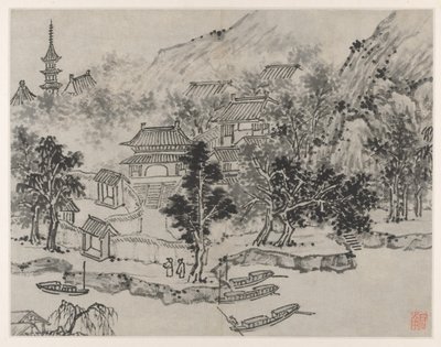 Zwölf Ansichten des Tigerhügels, Suzhou: Ferne Ansicht des Tigerhügels vom Kanal, nach 1490 von Shen Zhou