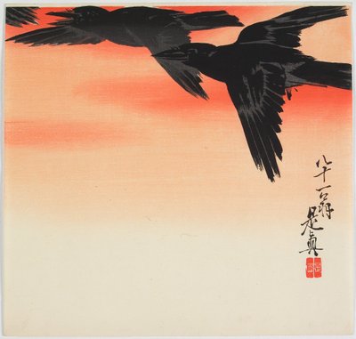 Krähen fliegen bei Sonnenuntergang von Shibata Zeshin