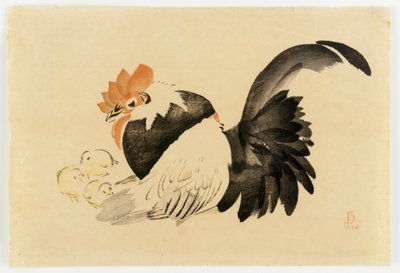 Hahn, Henne und Küken, Meiji-Ära, 1870-79 von Shibata Zeshin