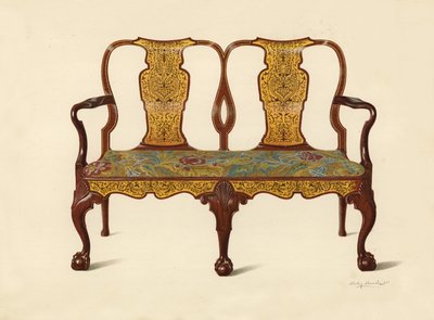 Walnuss-Sofa mit Marketerie eingelegt, Eigentum von Percy Macquoid von Shirley Charles Llewellyn Slocombe