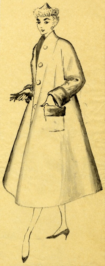 Frau im Staubmantel und spitzem Hut, ca. 1952 von Shirley Markham